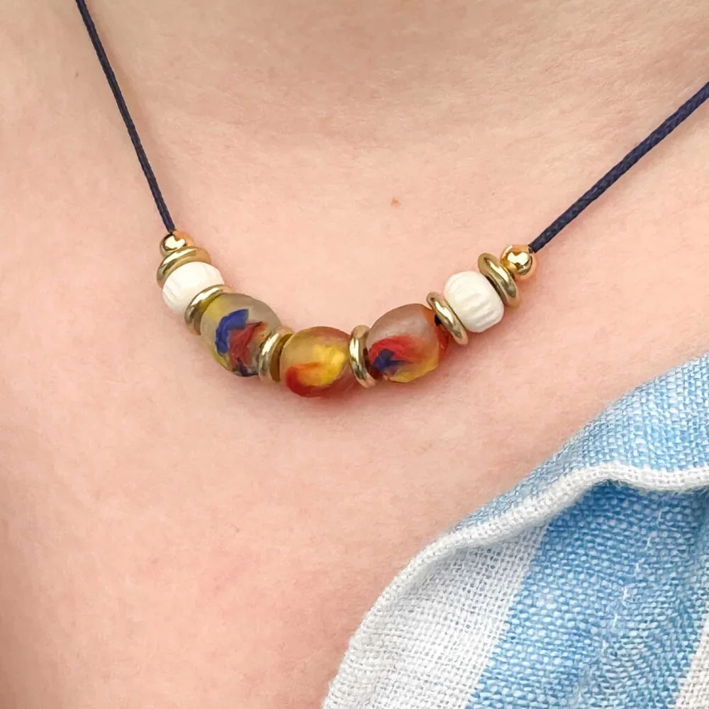 Recycled Glass Bead Necklace Ghana Satin Cord Colourful Minimalist Boho - Picture 7 of 9
